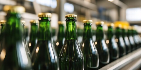 An engaging photograph of a production line featuring an array of green glass bottles, capturing the essence of modern manufacturing and the journey of beverage production.