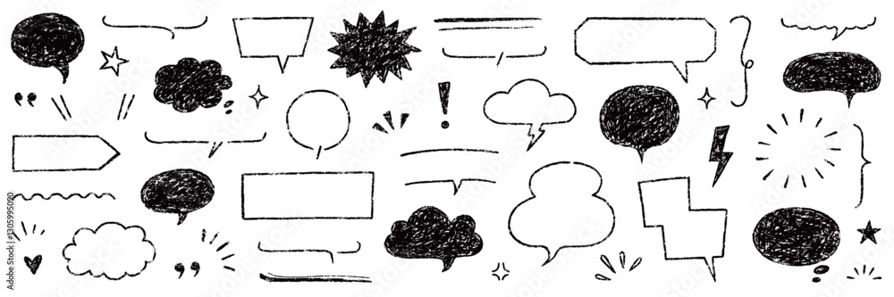 Poster Speech bubble text frame dialog cloud hand drawn set. Crayon chalk doodle talk speech bubble frame. Hand drawn line chalk frame, think balloon, children doodle text cloud icon. Vector illustration.