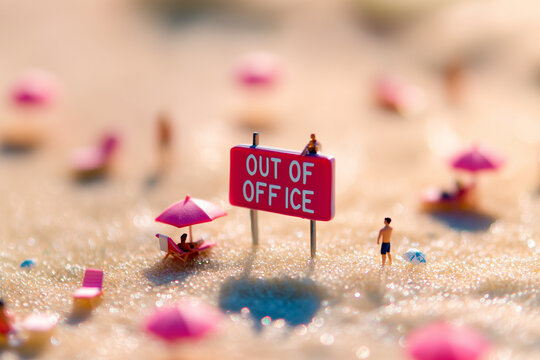 Tiny figurines relaxing on a giant "OUT OF OFFICE" sign, with beach chairs and umbrellas around with copy space. Soft warm lighting. Tropical vacation background. 