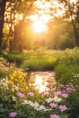 Obraz premium Beautiful colorful wild flowers in deep foggy forest with sun light in Spring.