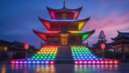 Obraz premium Vibrantly lit traditional pagoda during dusk, showcasing colorful LED lights and a serene atmosphere