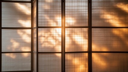 Warm sunlight filtering through a patterned screen casting soft shadows and light patterns, creating a serene atmosphere