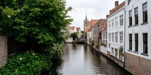 This image features a picturesque canal lined with charming historic buildings and lush greenery, capturing a serene moment in a quaint urban setting.