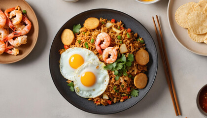 flat lay nasi goreng on sleek plate