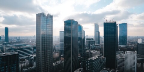 This striking cityscape showcases modern skyscrapers against a backdrop of blue skies and white clouds, symbolizing growth, ambition, and the urban spirit of life.