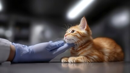 Caring veterinarian examining an adorable orange tabby kitten in a medical clinic setting with soft lighting