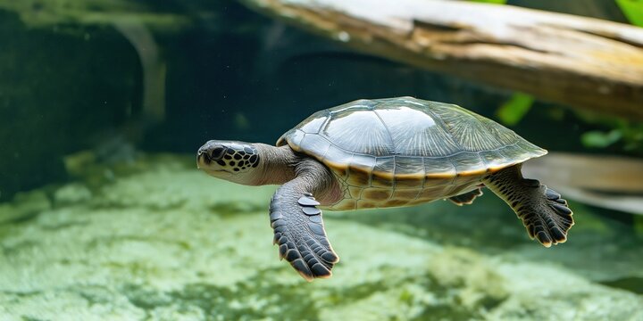 A beautiful turtle gliding gracefully under the water, showcasing its unique shell patterns and peaceful demeanor amidst the tranquil aquatic environment around it.