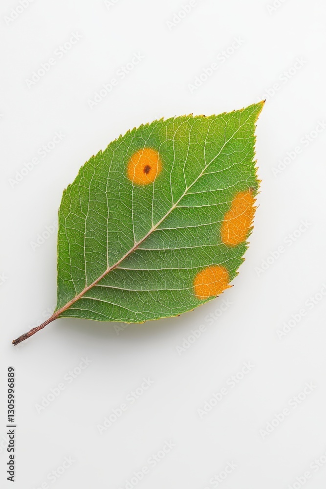 Poster close-up of a green leaf with orange spots on a white background, displaying unique natural patterns