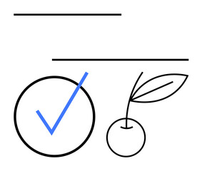 Checkmark inside a circle, outlined cherry with leaf, and horizontal lines emphasize simplicity and clarity. Ideal for completion, success, nature, health, balance, productivity minimalism and flat