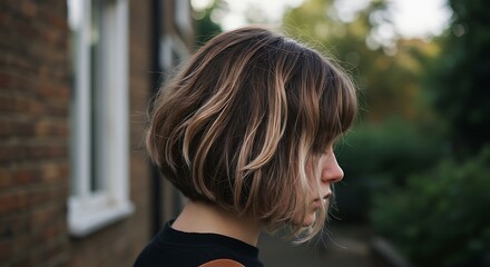 Young woman profile with choppy bob - contemplation and youthful energy - stock photo