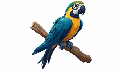 Blue-gold macaw perched on branch, white background, illustration, exotic pet