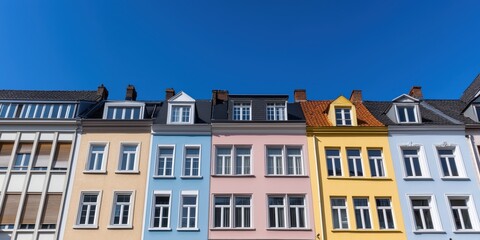 Fototapeta premium A picturesque view of charming urban buildings with colorful facades under a clear blue sky, capturing the essence of city life and architectural diversity.
