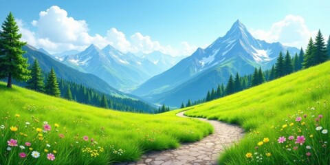 Serene Mountain Meadow Path A winding stone path through vibrant wildflowers and lush green grass leads towards majestic snow-capped peaks under a bright sunny sky