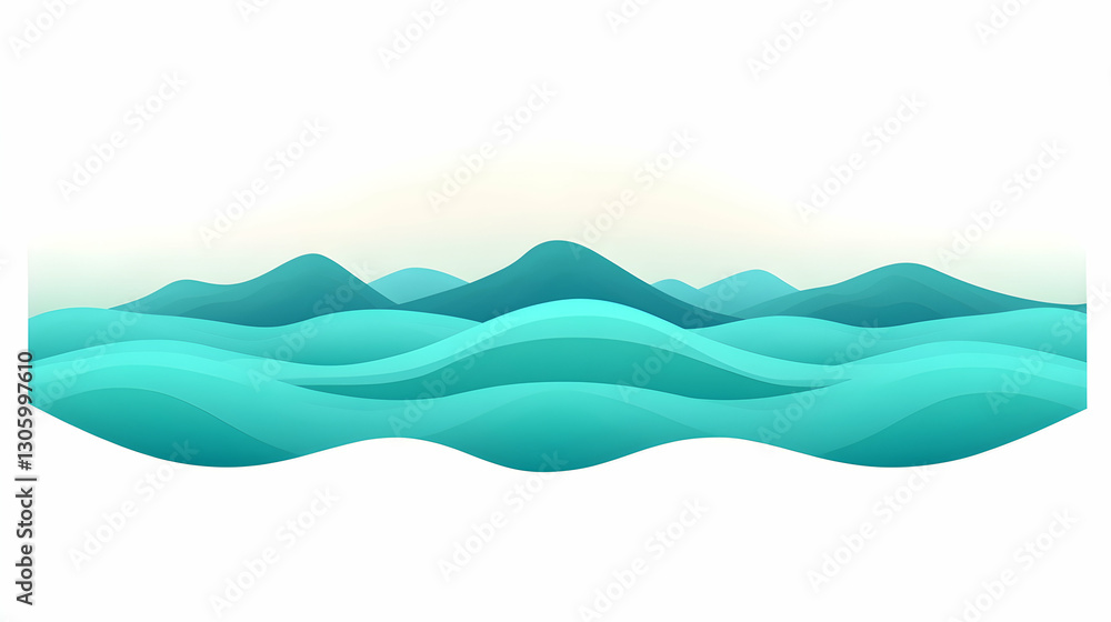 Poster serene abstract landscape of teal waves gently rolling beneath a soft, minimalist mountain range, cr