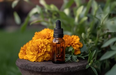 Natural Herbal Essence - Essential Oil Bottle with Marigold Flowers

