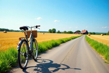 Fototapeta premium A bicycle with a wicker basket sits on a rural road, next to a golden field, under a bright summer sky, ready for a leisurely countryside ride.
