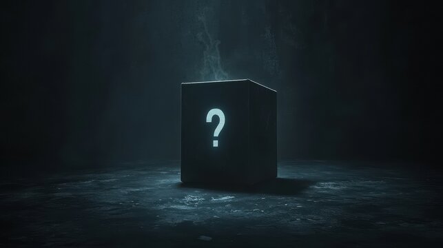 Mysterious Box with Glowing Question Mark Teasing Upcoming Product Launch in Dark Atmosphere