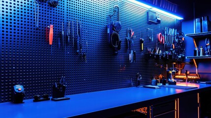 Vibrant Pegboard with Neon Colors Creating a Futuristic Vibe in a Modern Workshop Environment for Creative Design and Innovation