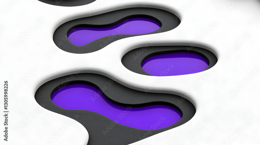 Poster abstract 3d render of flowing shapes, white and grey textured background with purple accents. ideal 