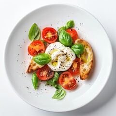 A classic Italian caprese salad with fresh burrata cheese, tomatoes, and basil, selective focus
