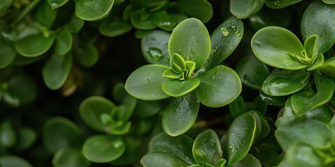 A close-up view of vibrant green succulent leaves adorned with water droplets, which symbolizes resilience and the beauty of nature's thriving elements in a serene environment.