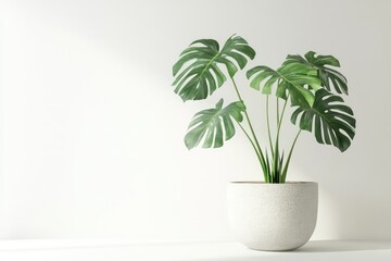 An elegant depiction of a monstera plant in a modern pot, isolated on a white background to emphasize its unique leaf structure.