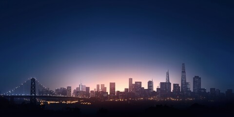 Obraz premium A breathtaking city skyline illuminated by twilight, with prominent buildings silhouetted against a gradient sky, capturing the allure and energy of urban life and architecture.