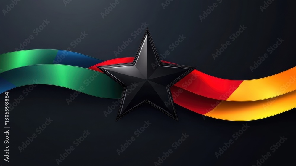 Poster dynamic abstract composition featuring a black star against a colorful wave background