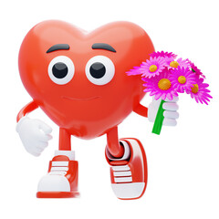 Heart Character Carrying Flowers 3D Character Illustration.