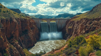 A dam in a remote, rocky landscape, with water pouring through its spillways, surrounded by verdant hills and towering cliffs