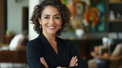 Smiling middle-aged businesswoman with arms crossed. Ideal for business, leadership, and success concepts.