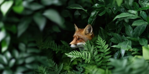 Obraz premium A clever fox peeks through rich, green foliage, showcasing its vibrant orange fur in a natural setting, symbolizing curiosity and the beauty of wildlife in nature.