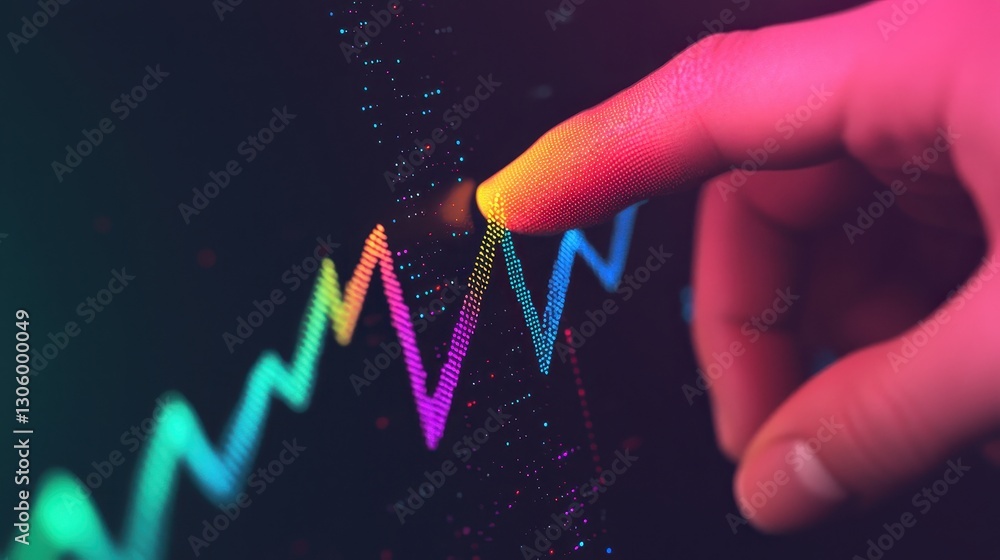 Poster a colorful graph is depicted, with a finger poised to touch a point, symbolizing interaction with da