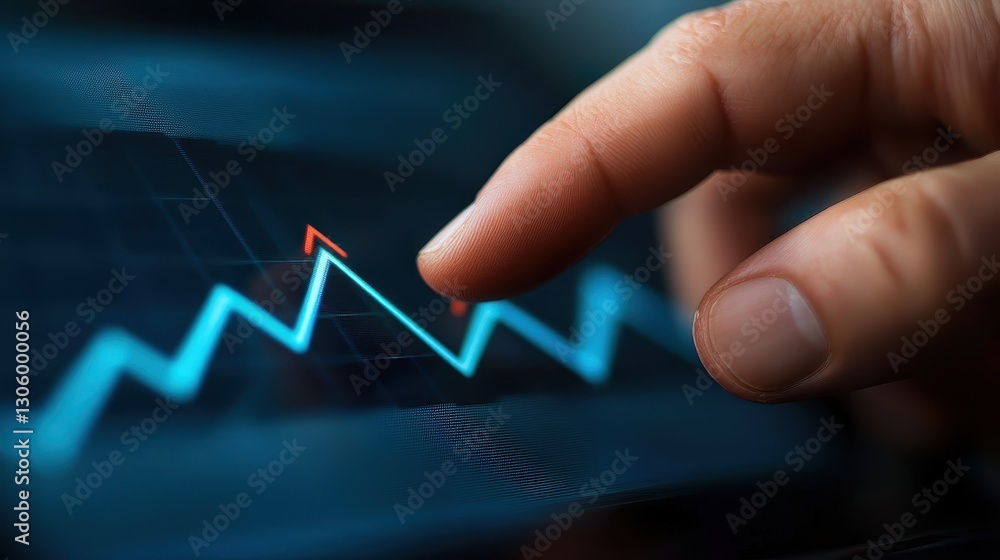 Poster a hand points at a digital graph displaying fluctuating data trends, emphasizing analysis and decisi