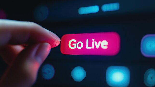 A hand pressing a bright "Go Live" button, symbolizing the start of a live broadcast or streaming session.