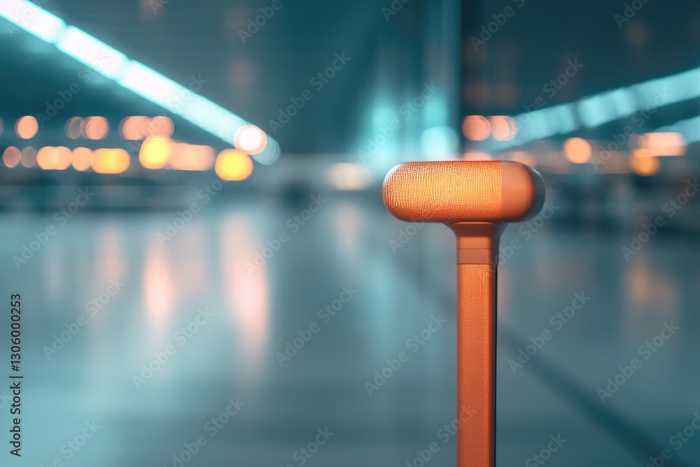Poster macro shot of texture of suitcase handle illuminated by soft natural light with blurred airport deta