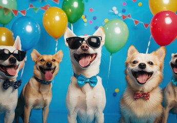 A joyful group of dogs wearing bowties and sunglasses, celebrating a party with colorful balloons and a vibrant backdrop.
