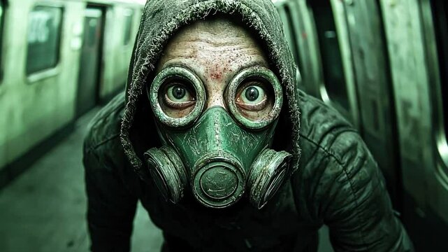 A lone survivor with a makeshift gas mask hides in an eerie, abandoned subway station, evading lurking infected hordes.