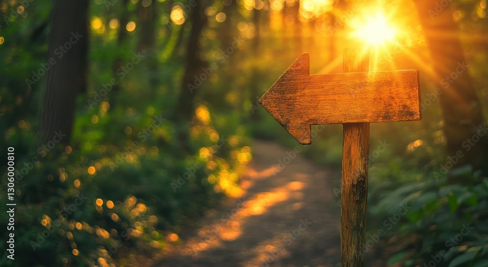 Poster a wooden signpost points left on a sunlit forest path, surrounded by greenery, creating a tranquil a