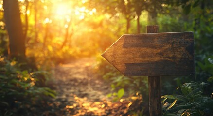 A sunlit forest path shows a wooden signpost pointing right, surrounded by lush greenery and warm golden light.