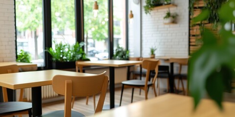 Fototapeta premium A beautifully arranged cafe interior featuring bright natural light, wooden furniture, and lush greenery, creating a cozy and inviting atmosphere for relaxation and socializing.