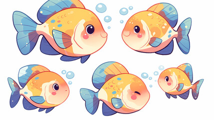 Colorful cartoon fish swimming playfully with bubbles in a bright, cheerful underwater scene
