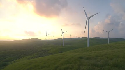 Obraz premium A scenic wind farm on rolling green hills, showcasing renewable energy in a tranquil landscape.