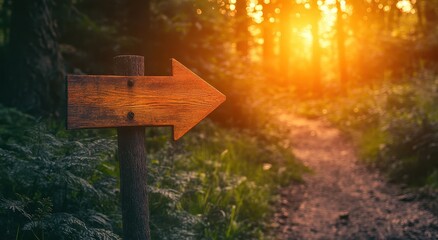 Fototapeta premium A wooden arrow points right along a forest path, illuminated by soft, golden sunlight filtering through the trees.