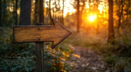 A rustic wooden sign points right in a sunlit forest, creating a serene atmosphere filled with warm golden light and lush greenery.