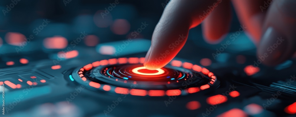 Poster a close-up image of a finger poised to press a glowing red button on a futuristic control panel with