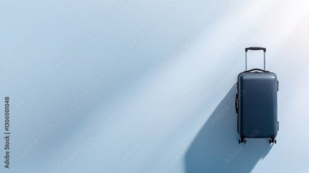 Poster minimal overhead view of luggage trolley with single carry-on suitcase neatly aligned shadows and sm