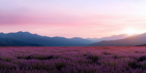 A breathtaking scene of expansive lavender fields bathed in warm colors during sunset, symbolizing tranquility, beauty, and nature's serenity.