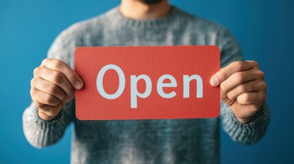 A man holds a red "Open" sign against a blue background, symbolizing a business ready to welcome customers.