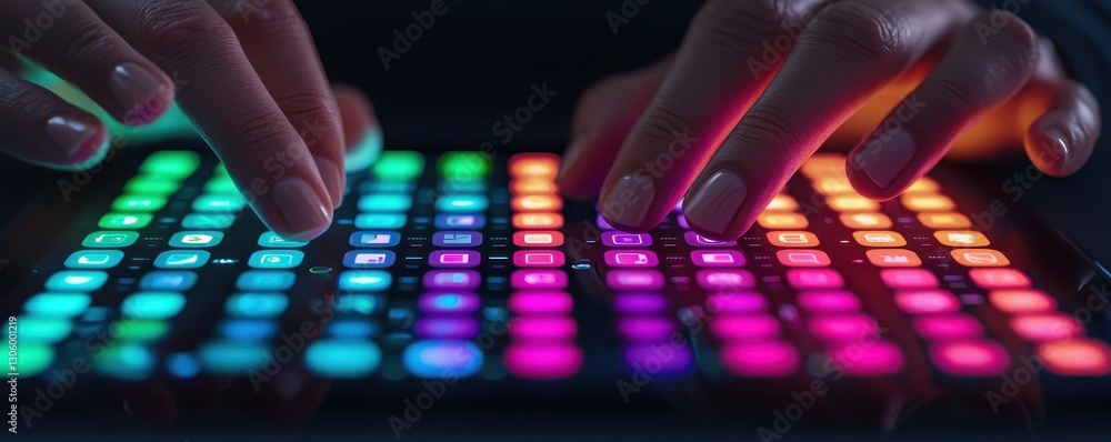 Aufkleber a vibrant control pad is illuminated with colorful lights, while hands interact, creating a dynamic 
